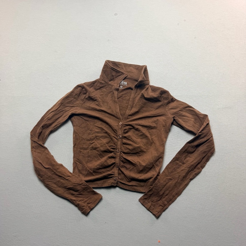 Hollister Cardigan Top Women Extra Small Brown Excellent Ruched Mock Neck Slv